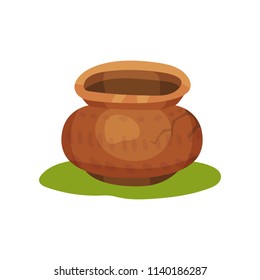 Flat vector icon of old pottery jug on green grass. Clay pot with ornament and crack. Ceramic crockery. Stone Age theme