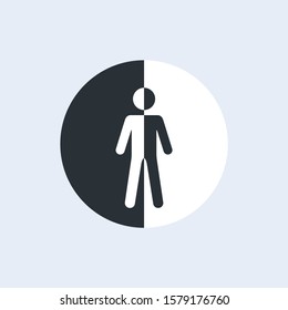 flat vector icon on gray background, man silhouette divided into black and white half