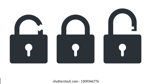 flat vector icon on white background, closed and open lock, hacked protection