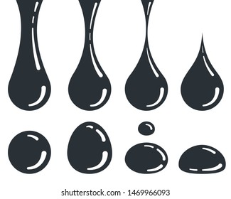 flat vector icon on a white background, falling drops of black color with highlights, water or oil