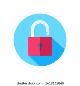 flat vector icon on white background, open lock in a blue circle with a shadow, hacked protection
