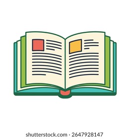 Ícone vetor plano de um livro aberto, simbolizando educação, leitura e literatura, estilo limpo e moderno