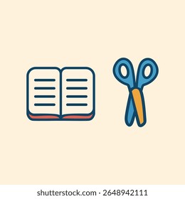 Flat vector icon of open notebook and scissors, school learning supplies isolated on white background, perfect for back to school, education, and classroom materials