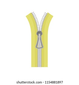 Flat vector icon of open yellow zipper with gray metal teeth and puller. Tailoring or sewing material. Open zip fastener