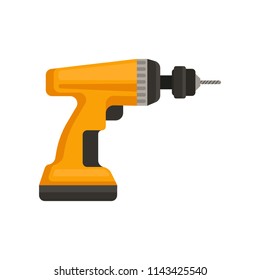 Flat vector icon of orange cordless drill. Power tool for home repair or construction. Element for promo poster or banner