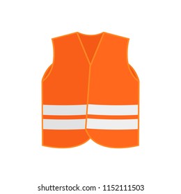 Flat vector icon of orange safety vest waistcoat with two reflective stripes. High-visibility clothing. Protective wear for workers