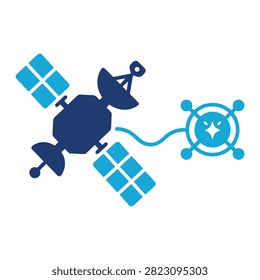 Flat vector icon of an orbital satellite transmitting digital data signals
