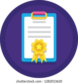 Flat vector icon of paper with badge on clipboard, initial filing illustration concept