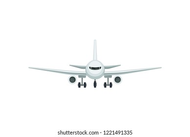 Flat Vector Icon Of Passenger Airplane, Front View. Air Transport. Element For Web Site Or Promo Poster Of Travel Agency