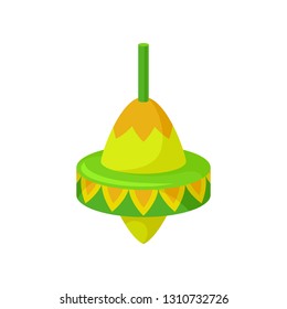Flat vector icon of pear-shaped humming top. Plastic green-yellow whirligig with pattern. Spinning top. Children toy