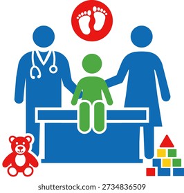 Flat vector icon of pediatric clinic examination with doctor, child patient, parent support, toy elements, and baby footprint symbol. Clean modern child healthcare signage design on white background for medical and family use.