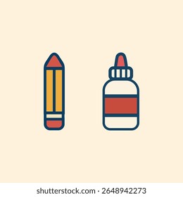 Flat vector icon of pencil and glue for school, arts and crafts, study materials, classroom stationery, student supplies, kids creative tools and education design