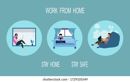 Flachvektor-Ikone der Menschen, die zu Hause bleiben und arbeiten, isoliert im Hintergrund, zu Hause bleiben und sicher Konzept bleiben, Menschen, die Computer-Laptop und Smartphone zu Hause, menschliche Vektor für Web-Grafik-Design