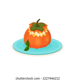 Flat vector icon of persimmon stuffed with ice-cream. Delicious fruit dessert on blue plate. Sweet food