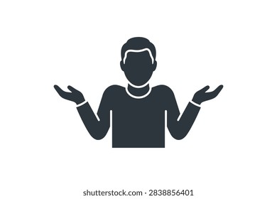 A flat vector icon of a person shrugging with hands raised, symbolizing confusion, indifference, or not knowing the answer.