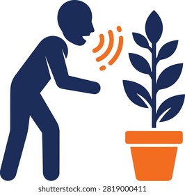 Flat vector icon of a person talking to a potted plant, representing plant communication, nature interaction, and botanical care.