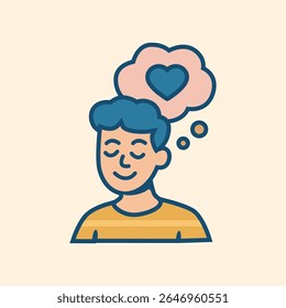 Flat vector icon of person thinking positively with heart symbol, promoting mental wellness, emotional healing, and self-love awareness