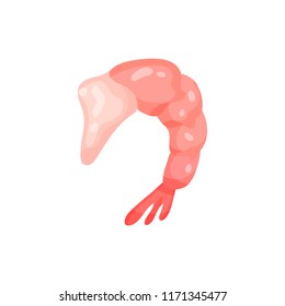 Flat vector icon of pink peeled shrimp. Tasty boiled prawn. Marine product. Cooking ingredient. Seafood theme