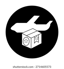 Icono de Vector plano de un avión que lleva regalos y ayuda. Adecuado para servicios de entrega.