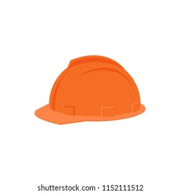 Flat vector icon of plastic orange helmet for construction worker. Protective headgear. Industrial equipment for personal safety