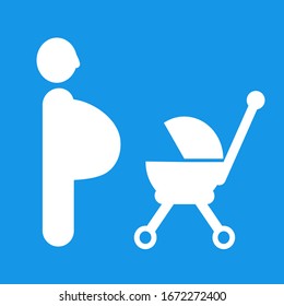 Flat vector icon of pregnant woman and baby trolley isolated on blue background, parking for maternity sign and symbol