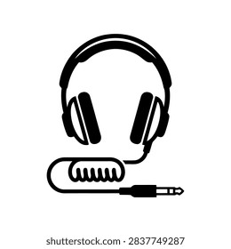 A flat vector icon of professional headphones featuring a coiled cable and 6.35mm audio jack connector, ideal for music, studio recording, and audio technology designs.
