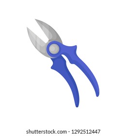 Flat vector icon of pruning shears with sharp metal blades and bright blue rubber handles. Garden instrument