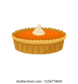 Flat vector icon of pumpkin pie with whipped cream on top. Traditional dessert of American cuisine. Holiday meal. Food for Thanksgiving dinner