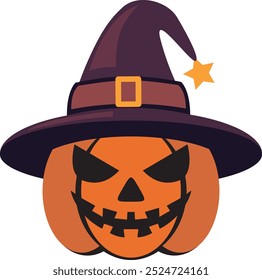Flat vector icon of pumpkin with witch hat for halloween themed design purposes