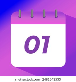 Flat vector icon of purple calendar with specific day marked, day 01.