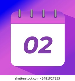 Flat vector icon of purple calendar with specific day marked, day 02