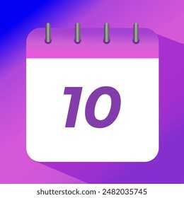 Flat vector icon of purple calendar with specific day marked, day 10