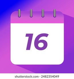 Flat vector icon of purple calendar with specific day marked, day 16