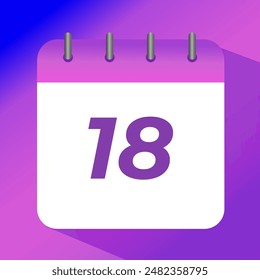 Flat vector icon of purple calendar with specific day marked, day 18