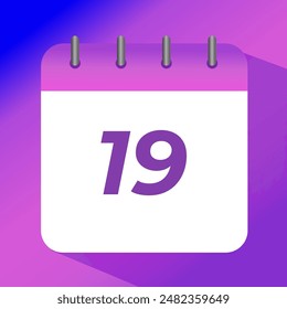 Flat vector icon of purple calendar with specific day marked, day 19