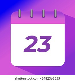Flat vector icon of purple calendar with specific day marked, day 23