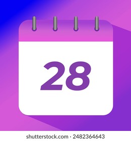 Flat vector icon of purple calendar with specific day marked, day 28