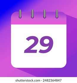 Flat vector icon of purple calendar with specific day marked, day 29