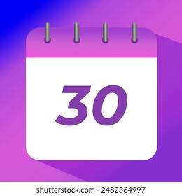 Flat vector icon of purple calendar with specific day marked, day 30