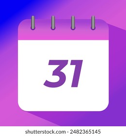 Flat vector icon of purple calendar with specific day marked, day 31