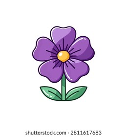 A flat vector icon of a purple flower with five petals a yellow stamen and two green leaves on a stem isolated on a white background