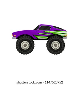 Flat vector icon of purple monster truck. Cartoon icon of car with large tires, black tinted windows and green decal. Extreme transport