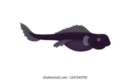 Flat vector icon of purple predatory fish, side view. Sea creature. Marine animal. Underwater life