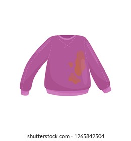 Flat vector icon of purple woolen sweater with big brown stains. Dirty clothes for washing