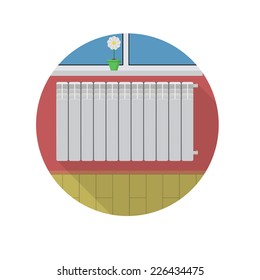 Flat vector icon for radiator in room. Heater radiator over windowsill and flower pot. Flat circle colored vector icon on white background.