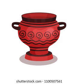 Flat vector icon of red amphora with circular ornament. Ancient ceramic jug with two handles and broad neck