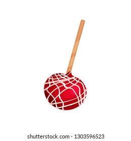 Flat vector icon of red apple in pink glaze on wooden stick. Tasty dessert for Valentine s day. Sweet holiday food