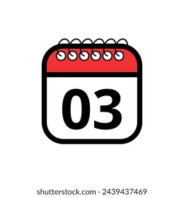 Flat vector icon of red calendar with specific day marked, day 03. Calendar icon for websites, blogs and graphic resources.