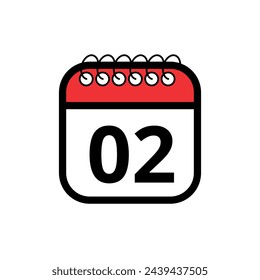 Flat vector icon of red calendar with specific day marked, day 02. Calendar icon for websites, blogs and graphic resources.