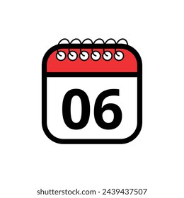 Flat vector icon of red calendar with specific day marked, day 06. Calendar icon for websites, blogs and graphic resources.